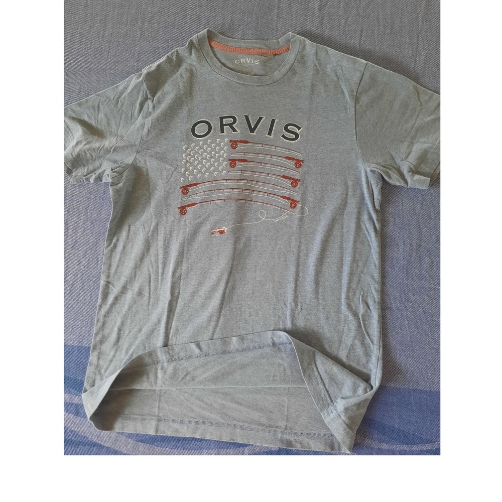 Orvis Mens Fly Fishing Rod American Flag Graphic T-Shirt Blue Size Medium
